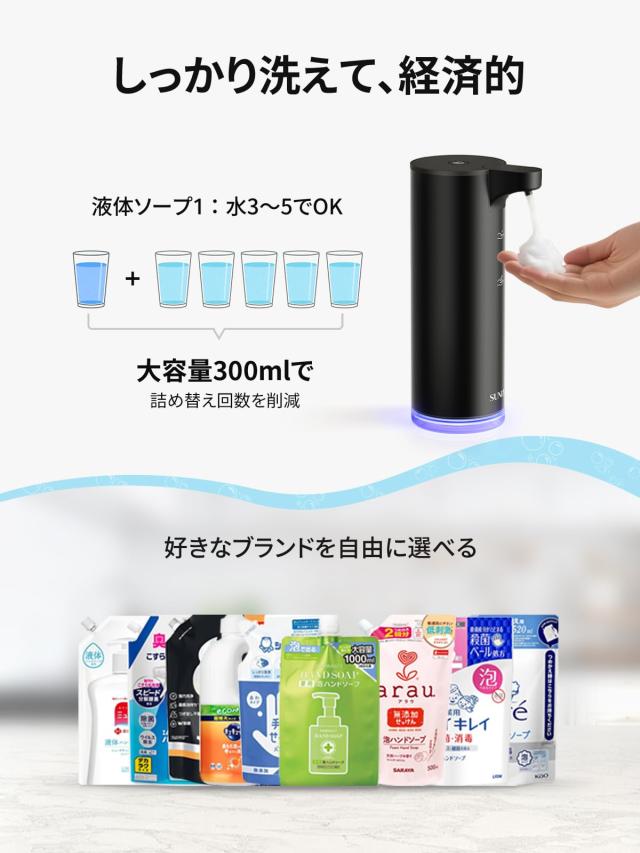 SUNLY 自動ソープディスペンサー 泡・液体対応 2段階吐出 IPX5防水 300ml USB充電 マットブラック_2