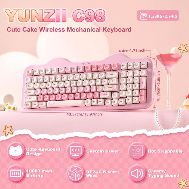 YUNZII C98 ワイヤレスメカニカルキーボードテンキー付き 99キー BT5.0/2.4GHz/USB-C ホットスワップ ガスケットマウント キーボード PBT_1