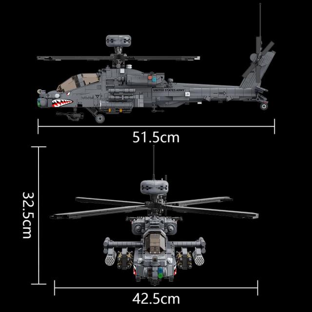 MISINI M8023 AH-64アパッチ長弓攻撃ヘリコプター積み木セット、軍用