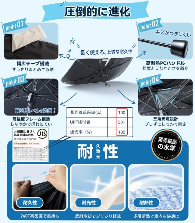 2026年新登場【車内温度上昇防止・猛暑対策】ベージュ(限定色) Nmoiss 車用サンシェード 傘式 フロントガラス RADI-COOL×石墨？黒? W遮熱_4