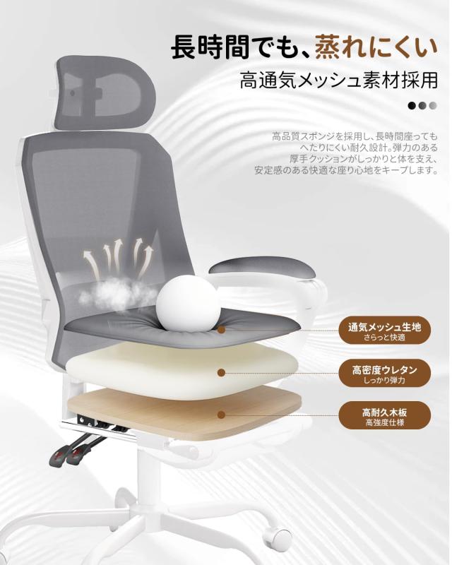 オフィスチェア メッシュ リクライニング150° フットレスト付き 3Dヘッドレスト ランバーサポート_2