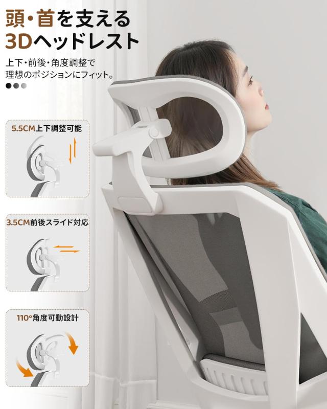 オフィスチェア メッシュ リクライニング150° フットレスト付き 3Dヘッドレスト ランバーサポート_3