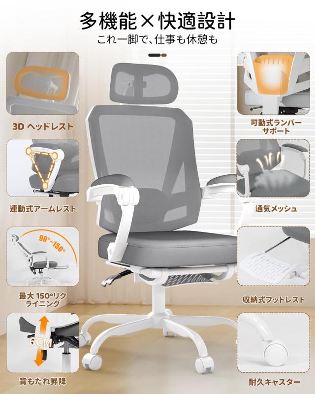 オフィスチェア メッシュ リクライニング150° フットレスト付き 3Dヘッドレスト ランバーサポート_6