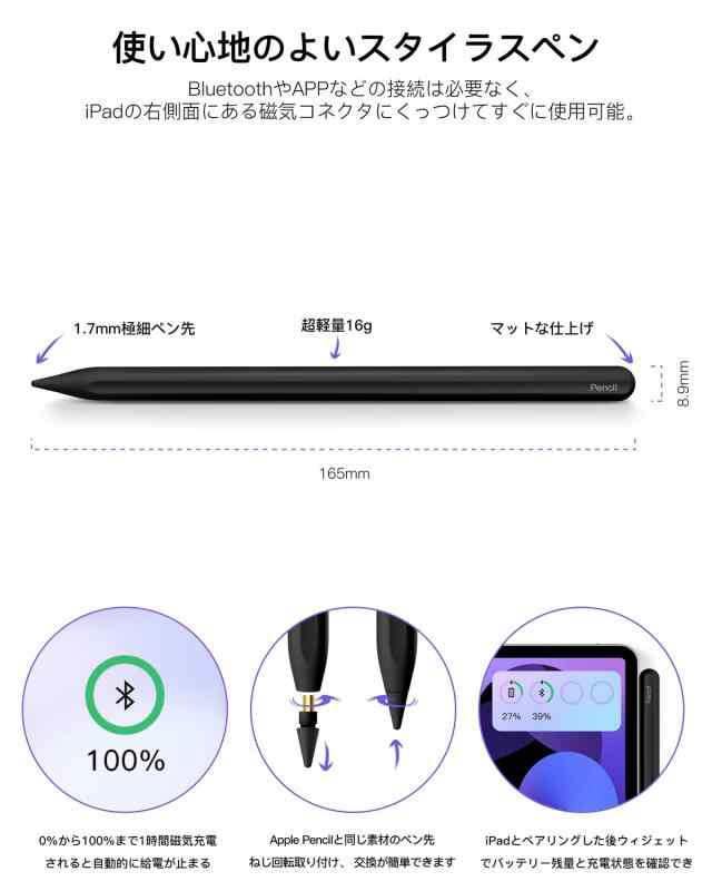 スタイラスペン iPad ペンシル BB1337 磁気吸着充電式 タッチペン フル充電後自動充電停止 傾き感知 パームリジェクション 自動スリープ