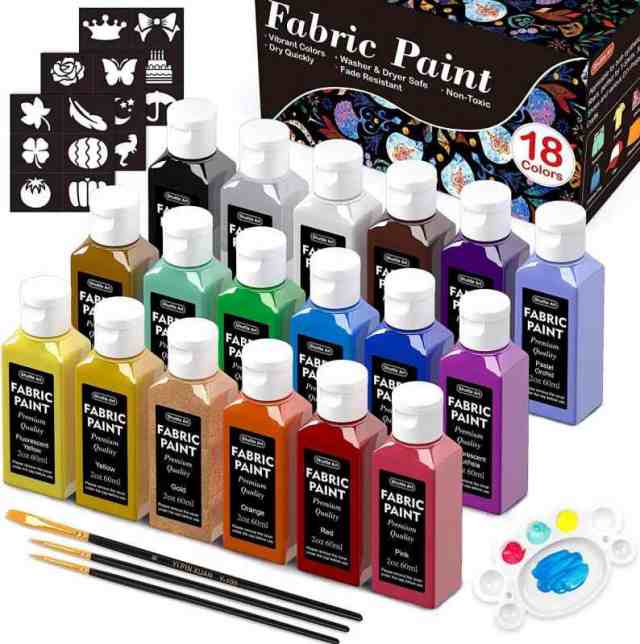 Shuttle Art 布用絵の具 18色セット 60ml 布絵の具 布描き絵の具 ウォッシャブル 洗っても落ちない ファブリックペイント ペイントブラシ