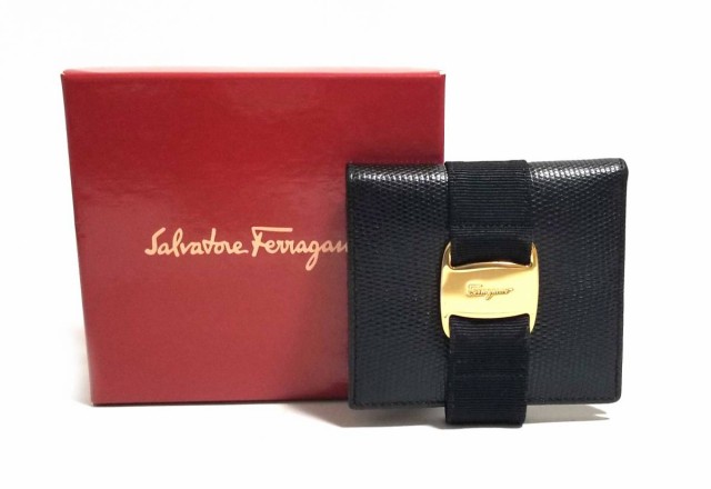 美品 Ferragamo ブラック 財布 ヴァラリボン リザード 金具 品薄