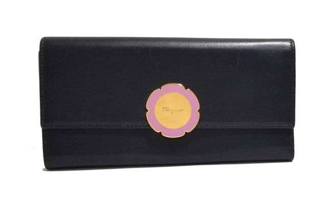 フェラガモ 長財布 パスケース付 レディース フラワー ロゴ ブラック 黒 Salvatore Ferragamo 花　【中古】