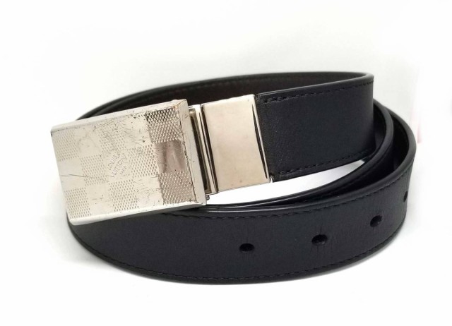 Louis Vuitton M6874 Leather Belt Black Silver Men 100/40