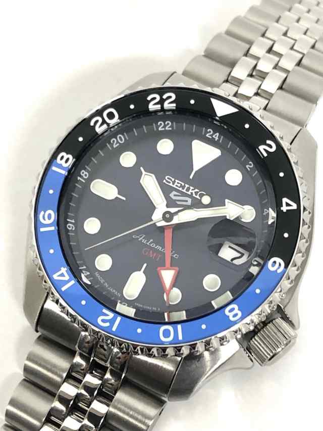 新品同様 セイコー SEIKO 5 GMT ブルー 青×黒 べセル 4R34-00A0 セイコー5スポーツ SKX スポーツスタイルGMT SBSC003 裏スケ 自動巻き A