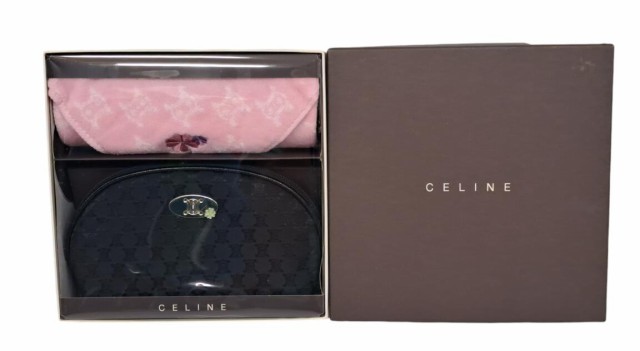 未使用 セリーヌ ポーチ ハンドタオル セット ピンク　黒 ブラック ＣＥＬＩＮＥ ギフト　マカダム ハンカチ　レディース　【中古】