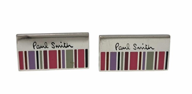 ポールスミス カフス ピンストライプ スクエア メタル製 シルバー マルチカラー カフリンクス カフスボタン 紳士用 PaulSmith 【中古】