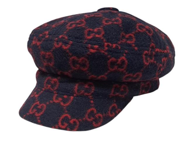 新品同様 グッチ 帽子 キャスケット GG柄 599015 ネイビー レッド ＃M メンズ レディース GG総柄 ウール混 GUCCI 【中古】