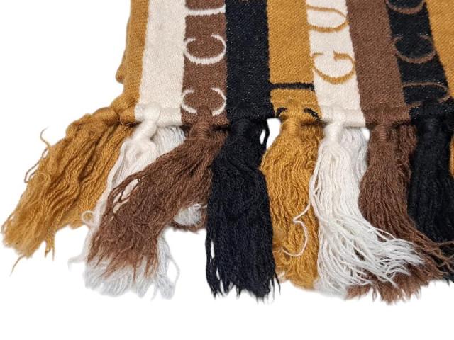 グッチ マフラー ストライプ ロゴ フリンジ 634166 GUCCIロゴ ブラウン ブラック ホワイト メンズ レディース GUCCI ウール コットン 【 の通販は