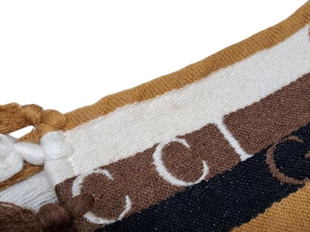 グッチ マフラー ストライプ ロゴ フリンジ 634166 GUCCIロゴ ブラウン ブラック ホワイト メンズ レディース GUCCI ウール コットン 【 の通販は