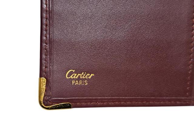 カルティエ マストライン 二つ折り財布 ボルドー レザー ゴールド金具