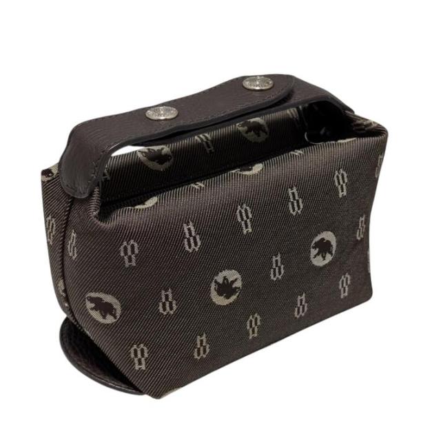 新品同様 ハンティングワールド ポーチ ロゴ キャンバス ダークブラウン レザー HWロゴ 化粧ポーチ コスメポーチ 小物入れ レディース HU
