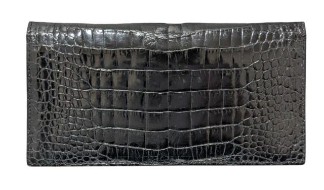 ノンブランド クロコダイル 長財布 二つ折り 長札入れ マチあり ブラック 黒 艶あり ワニ革 無双 レザー メンズ 紳士用 クロコレザー 【