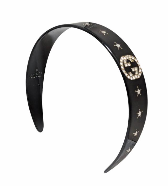 グッチ クリスタル インターロッキングG ヘアバンド 628716 カチューシャ ラインストーン 星 黒 ブラック プラスティック 髪留め へアア