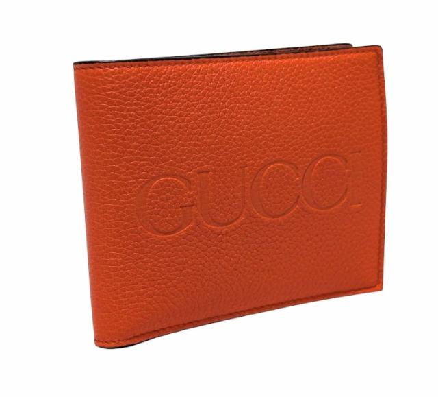 新品同様 グッチ 財布 658681 型押し レザー GUCCI ロゴ 小銭入れ付き 二つ折り財布 オレンジ ケース付き メンズ 紳士用 【中古】