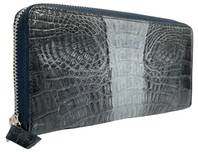 ノーブランド ワニ革 本革 レザー 鰐革 ラウンドファスナー 長財布 グレー ジップアラウンド ジッピー メンズ　サイフ　【中古】