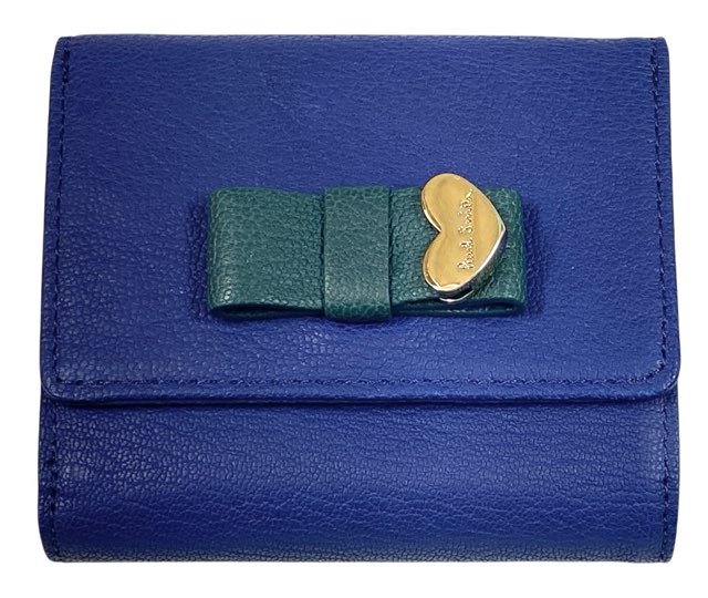 未使用 ポールスミス 財布 三つ折り　コンパクト　ハート　リボン　ゴートスキン　ブルー　青 レディース メンズ レザー Paul Smith　PWU