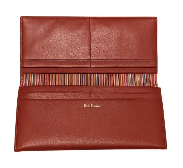 未使用 ポールスミス 長財布 マルチストライプ トリムインサイド フラップ BPS206 レンガ ブラウン ピンストライプ レザー ラムスキン 長 未使用 ポールスミス 長財布 マルチストライプ トリムインサイド