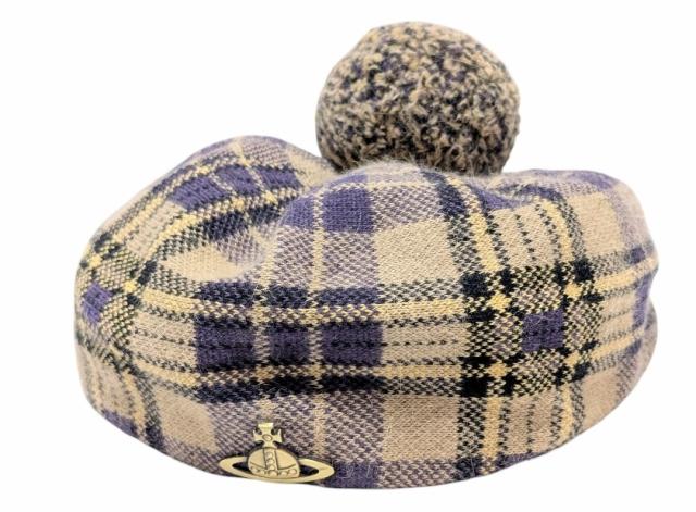ヴィヴィアンウエストウッド 帽子 ベレー帽 チェック  アンゴラ ウール オーブ 金具 ボンボン付き ベレー  レディース ベージュ パープル