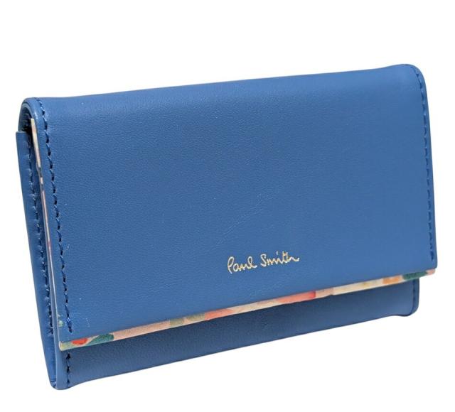 未使用 訳あり　ポールスミス カードケース 名刺入れ ブルー 青 花柄 PWD512 ペタルプリント トリム 二つ折り レザー Paul Smith レディ