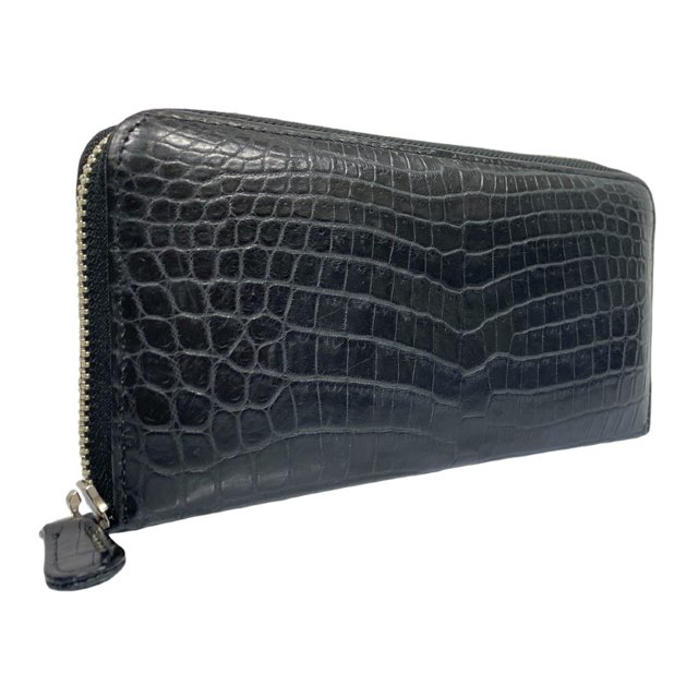 ノンブランド クロコダイル 財布 センター取り レザー マット ブラック 艶無し加工 一枚取りラウンドファスナー ジップアラウンド クロコ