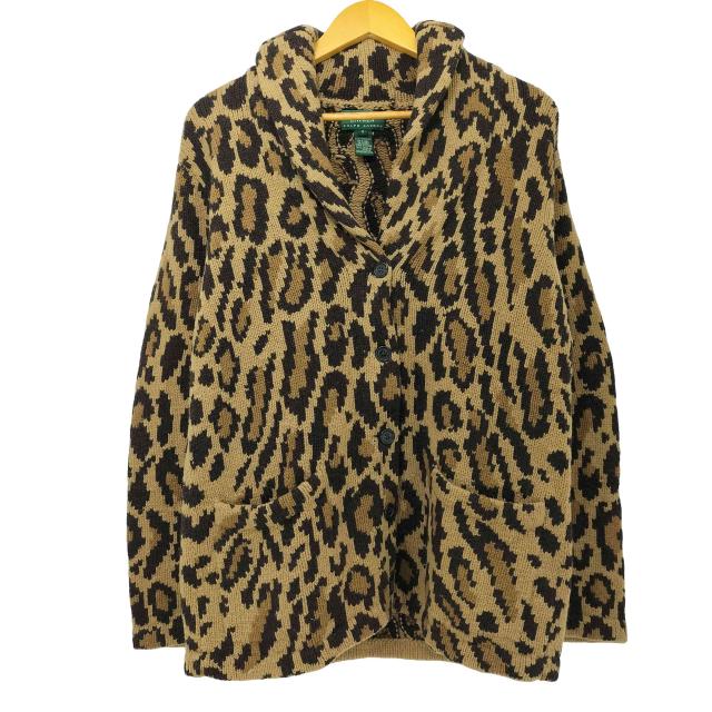 LAUREN RALPH LAUREN(ローレンラルフローレン) 90s ラムウール100 ハンドニット レオパード ネイティブ ショールカラー カーディガン レディース import：S 【中古】【ブランド古着バズストア】