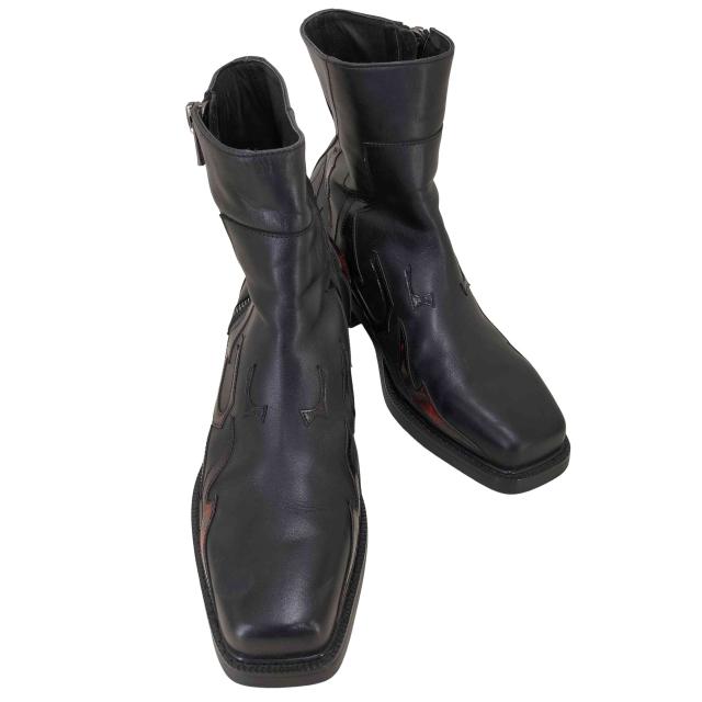 USED古着(ユーズドフルギ) TERRAINCOGNITA Ankle boots Square-toe Black and Red-Flame-pattern メンズ  42【中古】【ブランド古着バズストア】