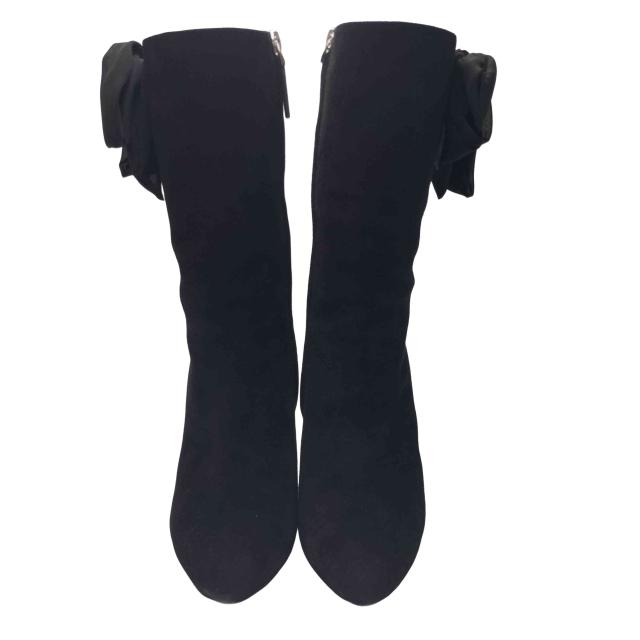 RALPH LAUREN PURPLE LABEL(ラルフローレンパープルレーベル) イタリア製 サイドジップ 編み込み リボン デザイン スウェード ヒール ロング ブーツ レディース US：7.5 【中古】【ブランド古着バズストア】