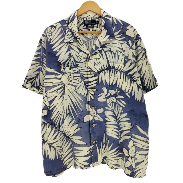 Polo by RALPH LAUREN(ポロバイラルフローレン) ANDY CAMP ハイビスカス リーフ柄 リネンコットン アロハシャツ ボックスシルエット メンズ import：XL 【中古】【ブランド古着バズストア】