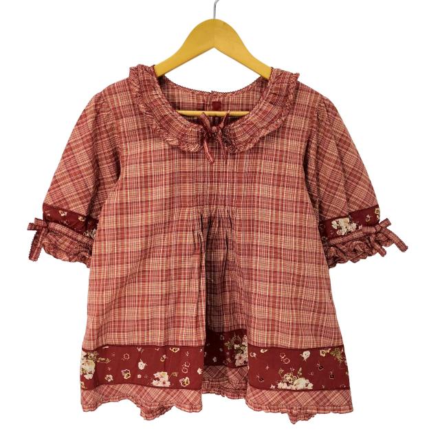 PINK HOUSE(ピンクハウス) 花×チェック 丸襟 リボン フリル ブラウス  レディース 表記無 【中古】【ブランド古着バズストア】