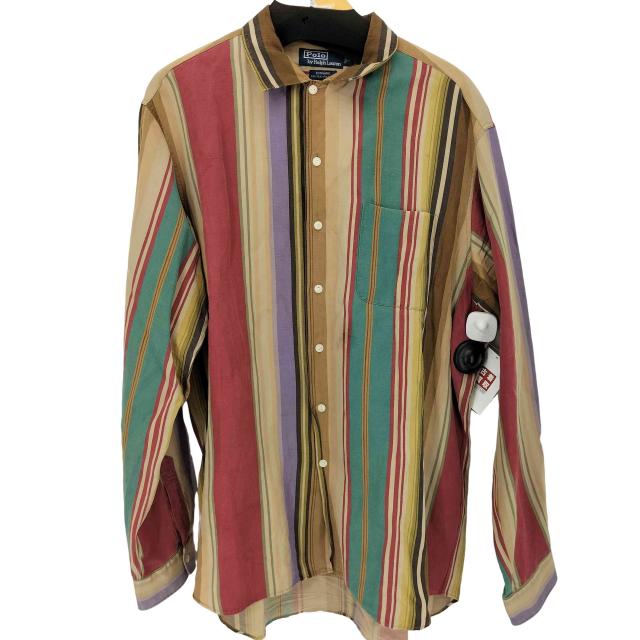 Polo by RALPH LAUREN(ポロバイラルフローレン) 90S BONNARD シルクリネン マルチストライプシャツ メンズ import：L 【中古】【ブランド古着バズストア】