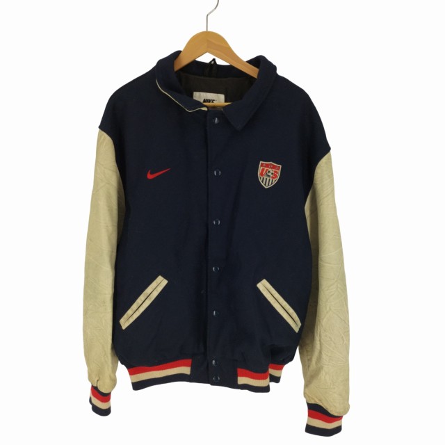 NIKE(ナイキ) 90S 銀タグ USA製 VARSITY JACKET スウッシュ サッカー エンブレム 刺繍 袖レザー メルトンウール スタジャン バーシティジ