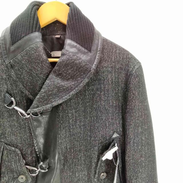 JOHN GALLIANO(ジョンガリアーノ) VIRGIN WOOL バージンウール ヘリンボーン レザーニット 切り替え フックデザイン ショールカラー ジャケット メンズ EUR：46 【中古】【ブランド古着バズストア】_3
