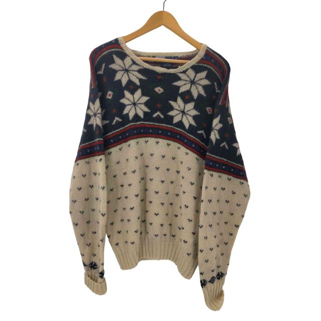 Polo by RALPH LAUREN(ポロバイラルフローレン) 90S HAND KNIT ハンド ニット 総柄 ノルディック ローゲージ リブ編み ウール ニット セーター メンズ import：L 【中古】【ブランド古着バズストア】