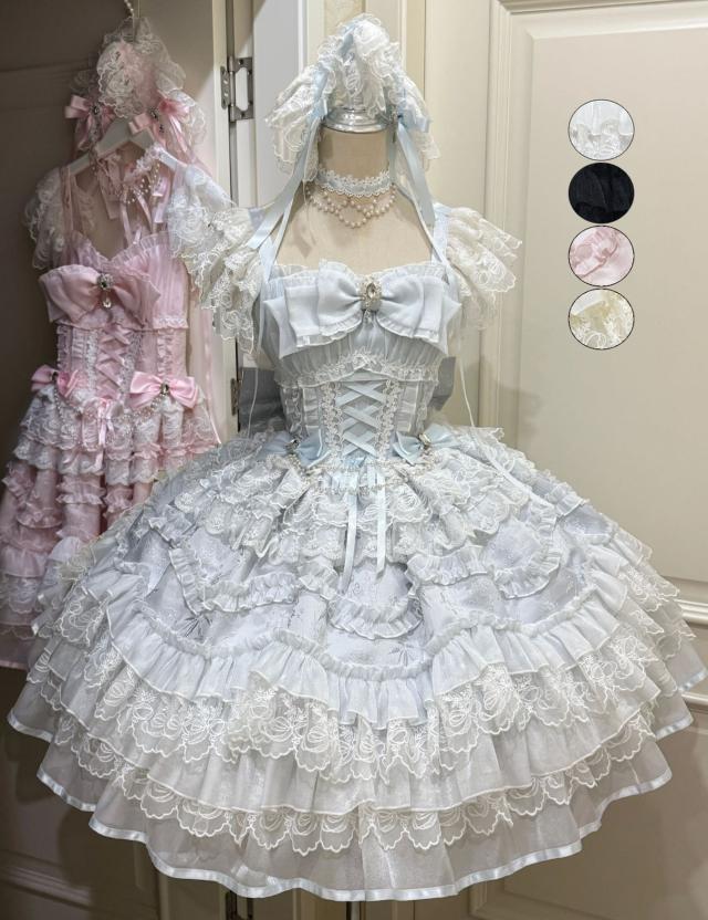 ジャンパースカート レディース ミドル丈 お姫様 ボリューム ティアードスカート レースフリル プリンセス ゴスロリ＆ロリータ ドレス ロリータファッション 花嫁 Loli 華やか