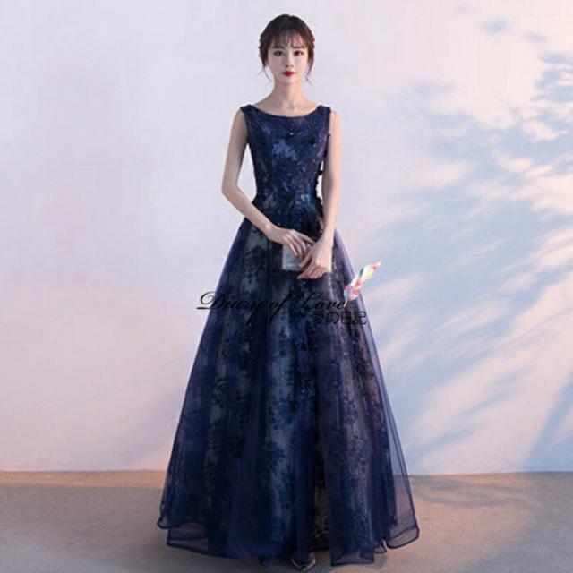パーティードレス 結婚式 Aライン 二次会ドレス ネイビー ウェディングドレス ロングドレス レディース 編み上げ ラウンドネック結婚式 パーテー 忘年会 お呼ばれ フェミニン コンディナー 演奏会用