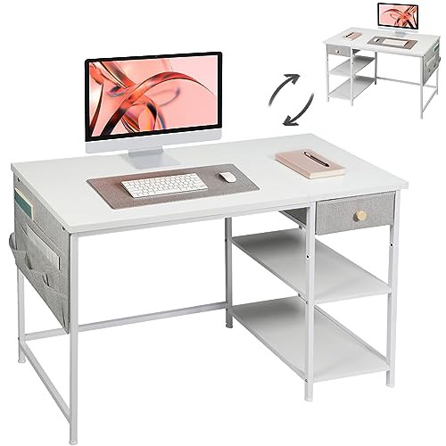 YeTom デスク 机 pcデスク パソコンデスク 勉強机 大人 つくえ ラック付きデスク 幅120cm×奥行55cm 布製引き出し付き 在宅ワークデスク オフィスデスク 収納ラック 収納袋付き 学習机 左右入替可 テレワーク 在宅勤務 の通販は