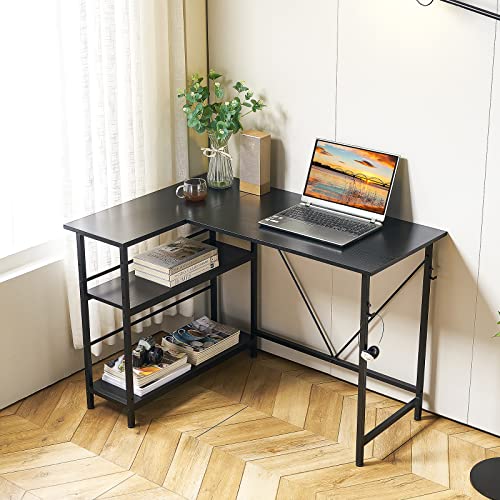 MIYOKI L字デスク パソコンデスク 幅110×奥行48×高さ75cm 左右入替え PCデスク l字型 コーナーデスク ゲーミングデスク 収納ラック付き 棚板高さ調節可能 机 テレワーク 在宅勤務 学習机 収納 省スペース ワークデス