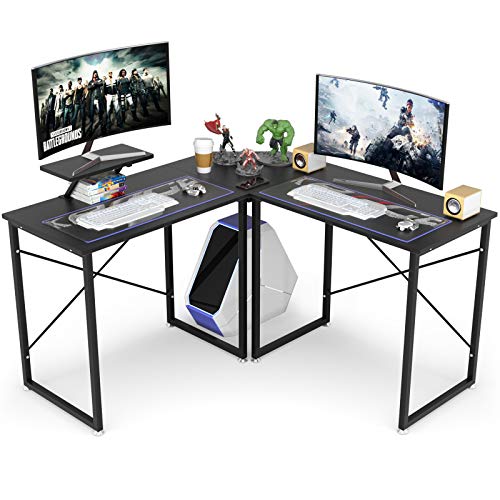 コーナーデスク 幅130 L字型 ゲーミングデスク テレワーク用 DEWEL パソコンデスク モニタースタンド付き 収納ラック付き 木製 L字デスクオフィスデスク PC デスク ワークデスク 事務 机 木目柄 PCラック 省スペース 足元の通販は