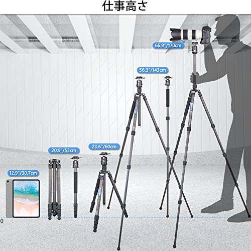 カーボン三脚 軽量トラベルARTCISE三脚 10層カーボンファイバー材質 25mmパイプ径 全高1700mm 四段ナットロック式 360°パノラマ撮影三脚