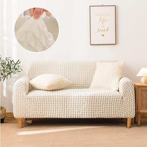 ソファカバー ソファーカバー マルチカバー 肘付き ストレッチ素材 伸縮性良く 柔らかい ふわふわ 北欧風デザイン ソファー保護 洗える 厚手 おしゃれ 優しい肌触り感 四季適用 (クリーム, 2人掛け)の通販は 6,400円