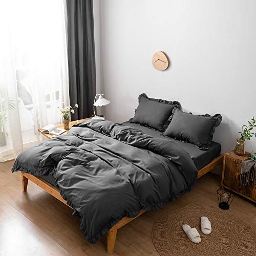 サンマドラ 布団カバー 3点セット シングル 掛け布団カバー 寝具カバーセット ボックスシーツ 枕カバー ベッドカバー 洋式・和式兼用 ベッド用 布団用 洗い替え ピーチスキン加工 フリル付き 姫系 (ダブル, 無地・グレー)の通販は 5,084円