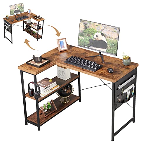 YeTom pcデスク パソコンデスク 机 l字デスク 右棚左棚 子 幅107cm desk コーナーデスク つくえ 棚板高さ調節可能 収納袋付き L字型 作業机 勉強机 在宅ワークデスク リモートワーク ゲームデスク 書斎 収納ラックの通販は
