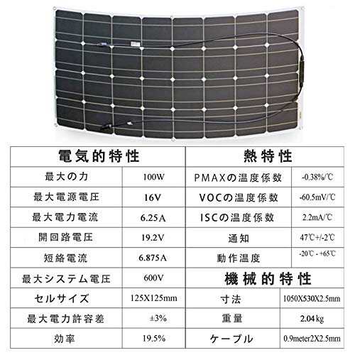 太陽光パネル 100W単結晶セミフレキシブルソーラーチャージャー太陽光