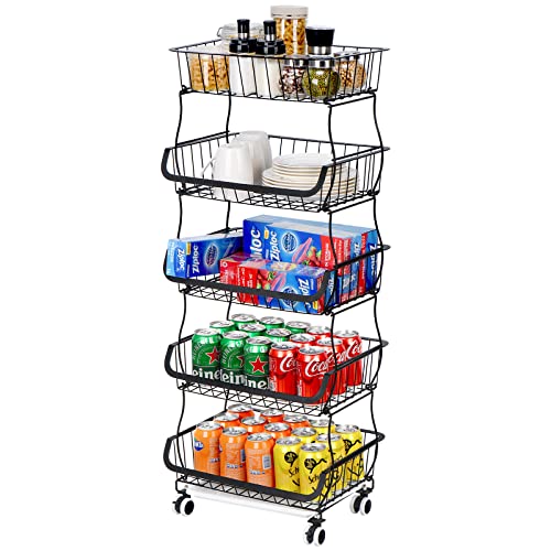 Toplife キッチンバスケットワゴン キャスター付き 野菜ワゴン 5段 スタッキングバスケットラック トレイ付属 キッチン収納カート 食器 調味料 収納 バスルームワゴン 黒の通販は 7,396円