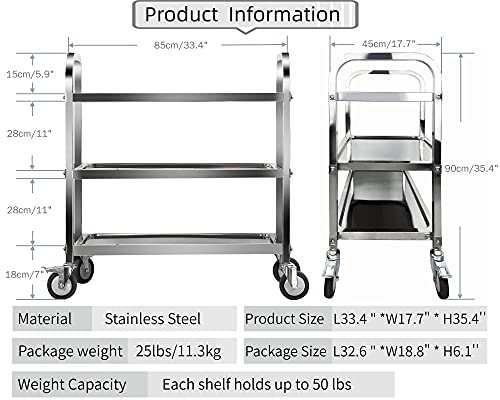 MINNEER ステンレスキッチンワゴン 3段 キャスター付き 85 L×45 W×90 H